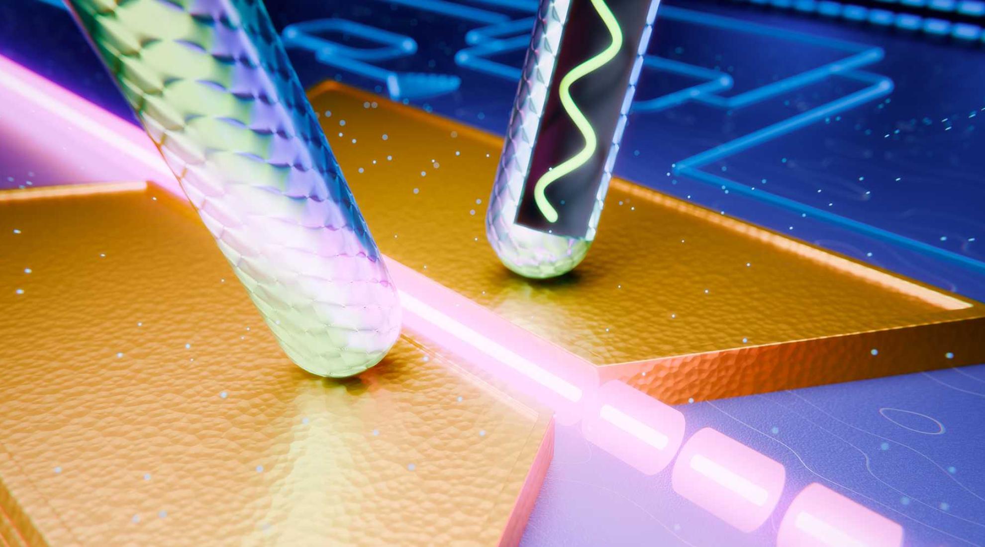 The modulator (in gold) transmits the information from an electrical wave to an optical wave. (Illustration: Johannes Grewer / Polariton Technologies)