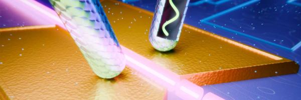 The modulator (in gold) transmits the information from an electrical wave to an optical wave.  (Illustration: Johannes Grewer / Polariton Technologies)