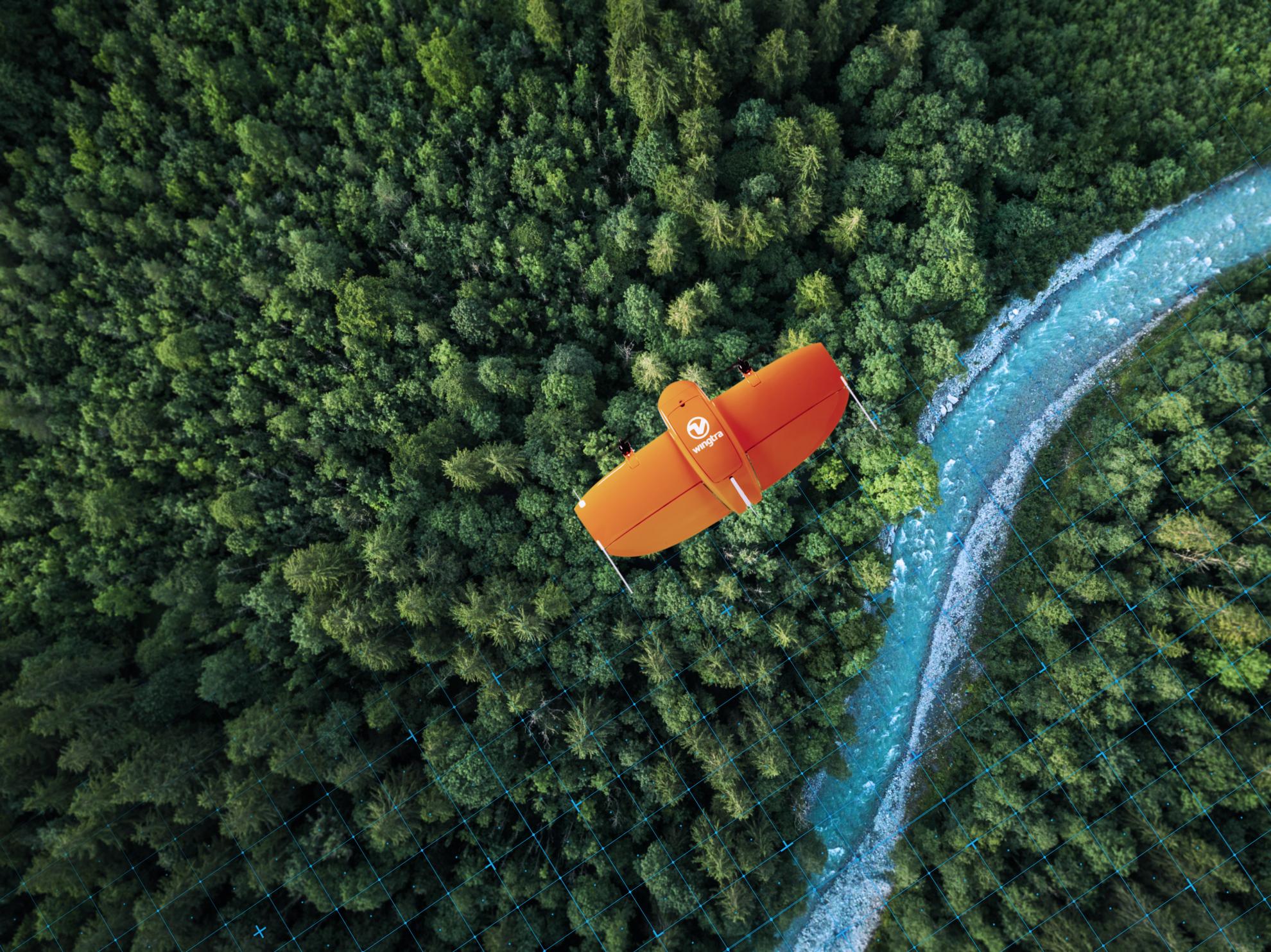 A Wingtra drone mapping a large area of land 