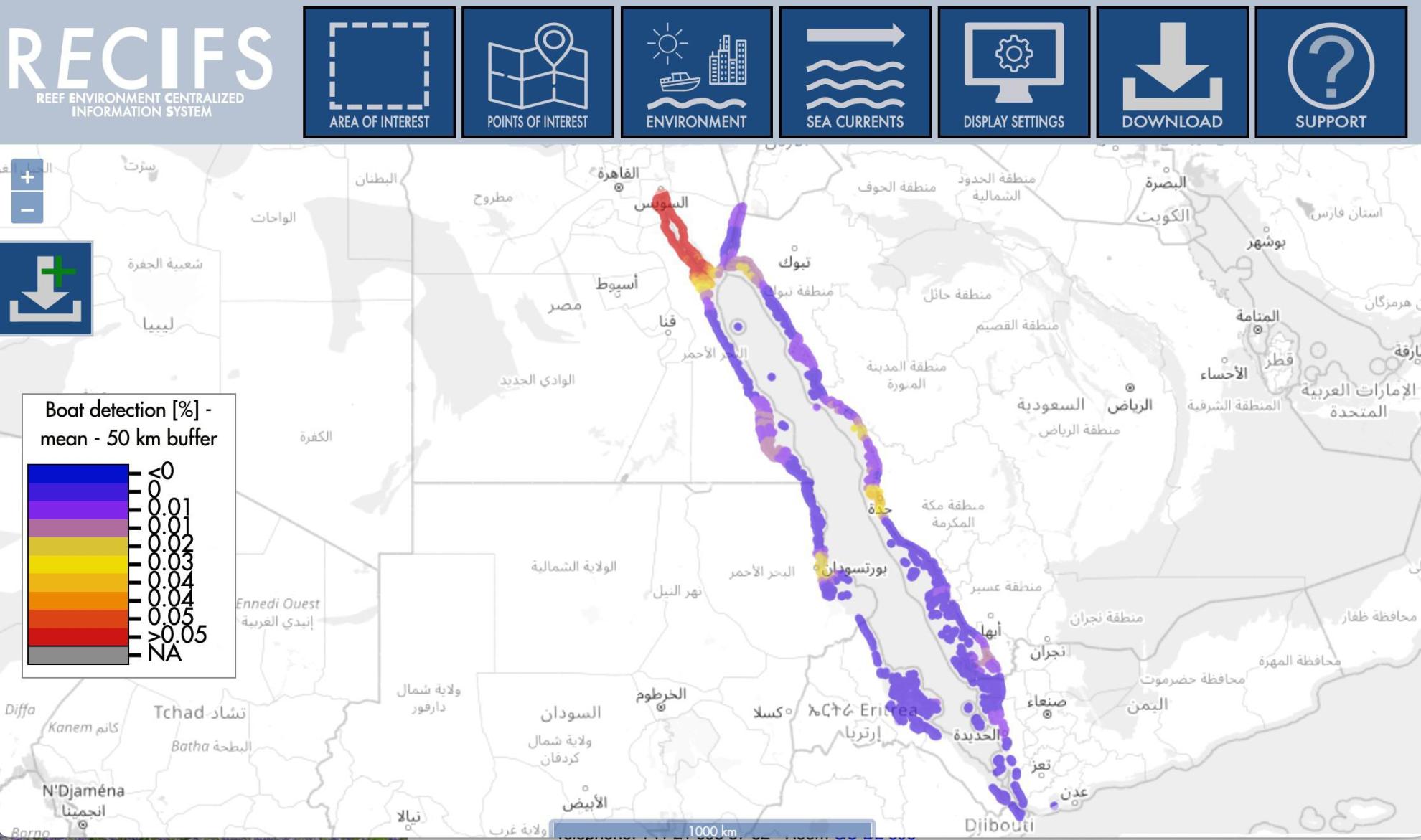 The new application can also provide information on boat traffic density near Red Sea coral reefs (Sources: GEOME, LGB, EPFL)